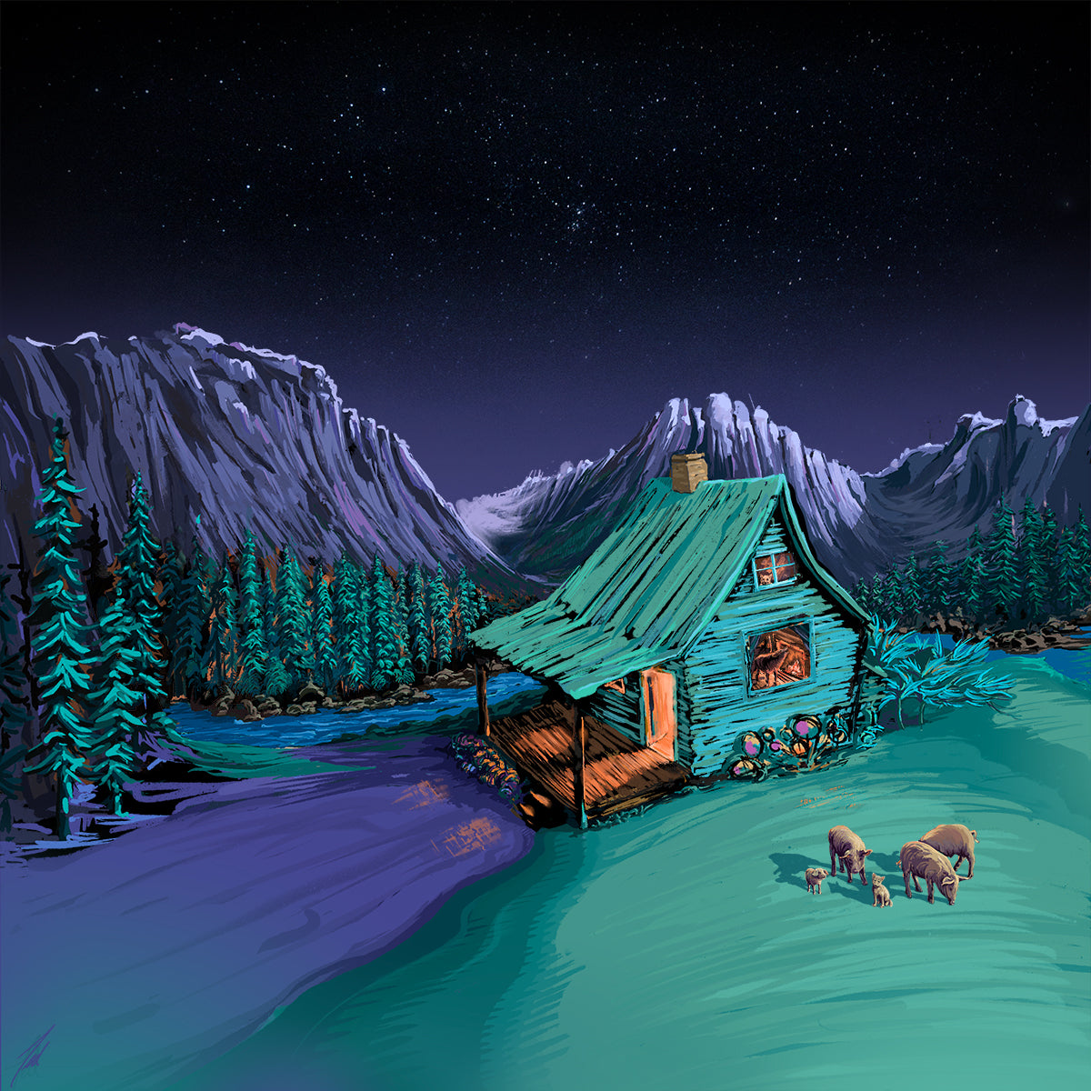 shack in the moonlight pigs wolves digital painting