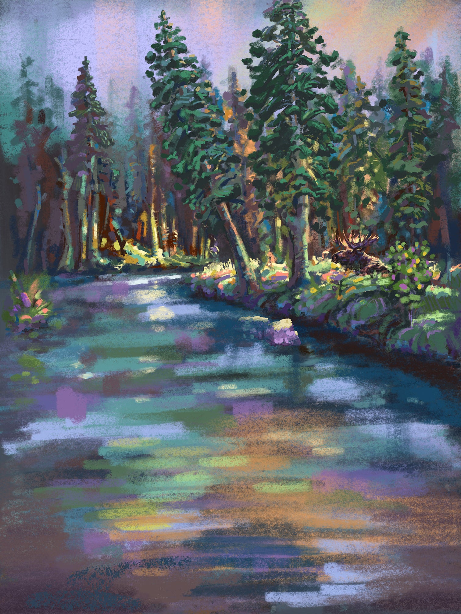 moose in the sunlight wyoming painting